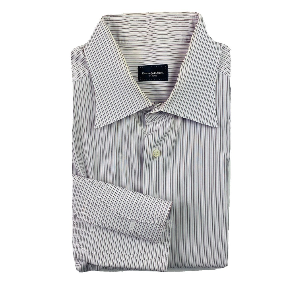Ermenegildo Zegna Su Misura White Purple Striped Mens French Cuff Size Large EUC